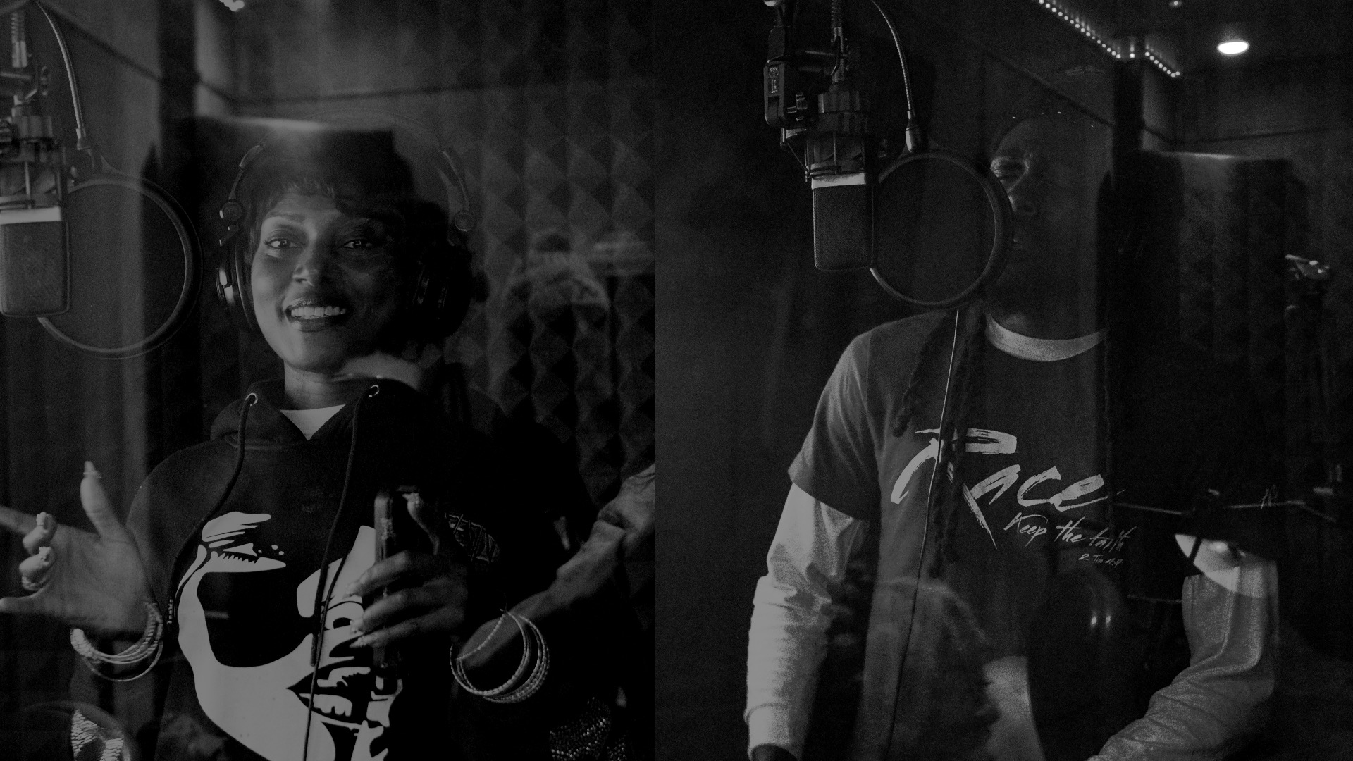 Black and white candid studio booth moment